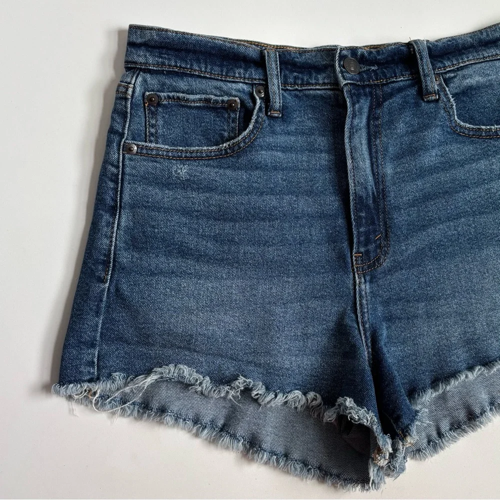 Abercrombie & Fitch The Mom High Rise Blue Denim Jean Shorts Frayed Hem Sz 29/8